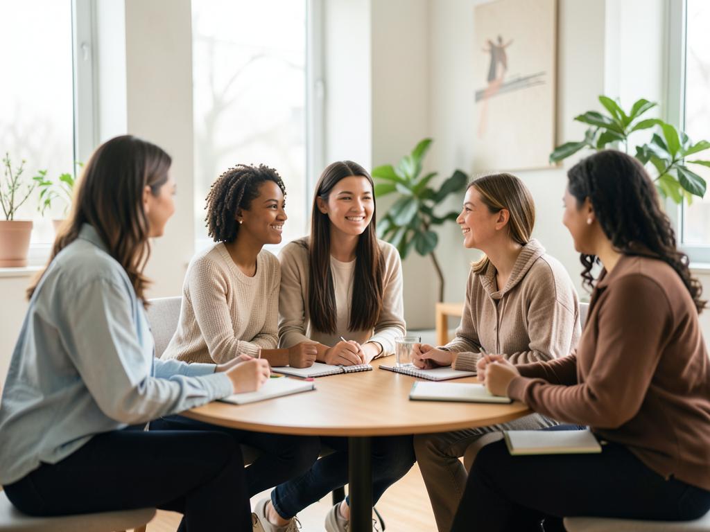 A small group wellbeing coaching session with a facilitator and colleagues