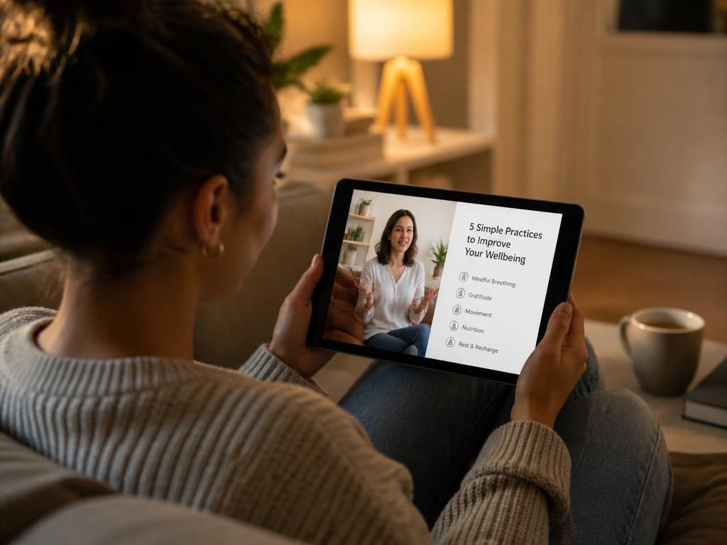 A person watching an on-demand wellbeing video on a tablet at home