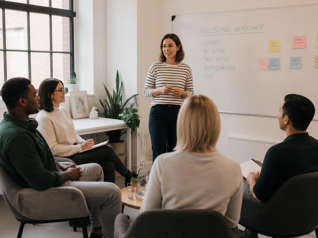 A small group wellbeing workshop taking place in a workplace meeting room