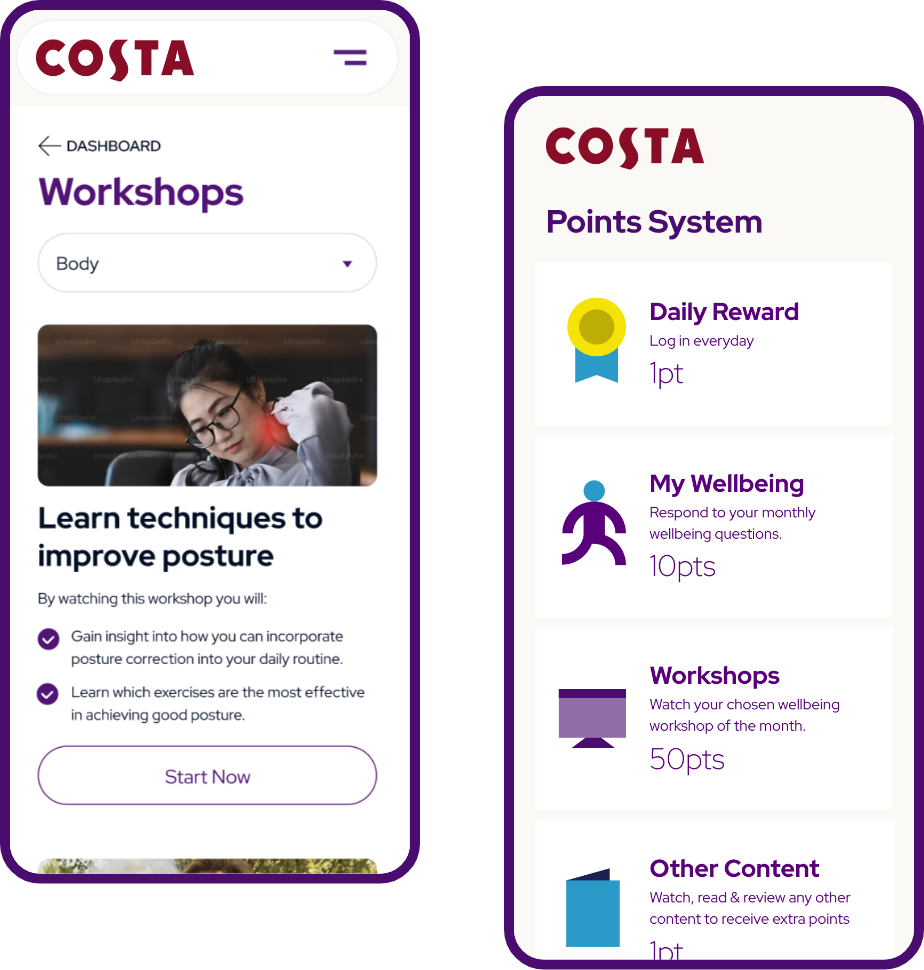 Costa OptiMe app features screens