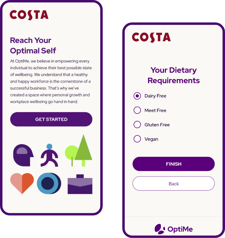 Costa OptiMe mobile app onboarding screens