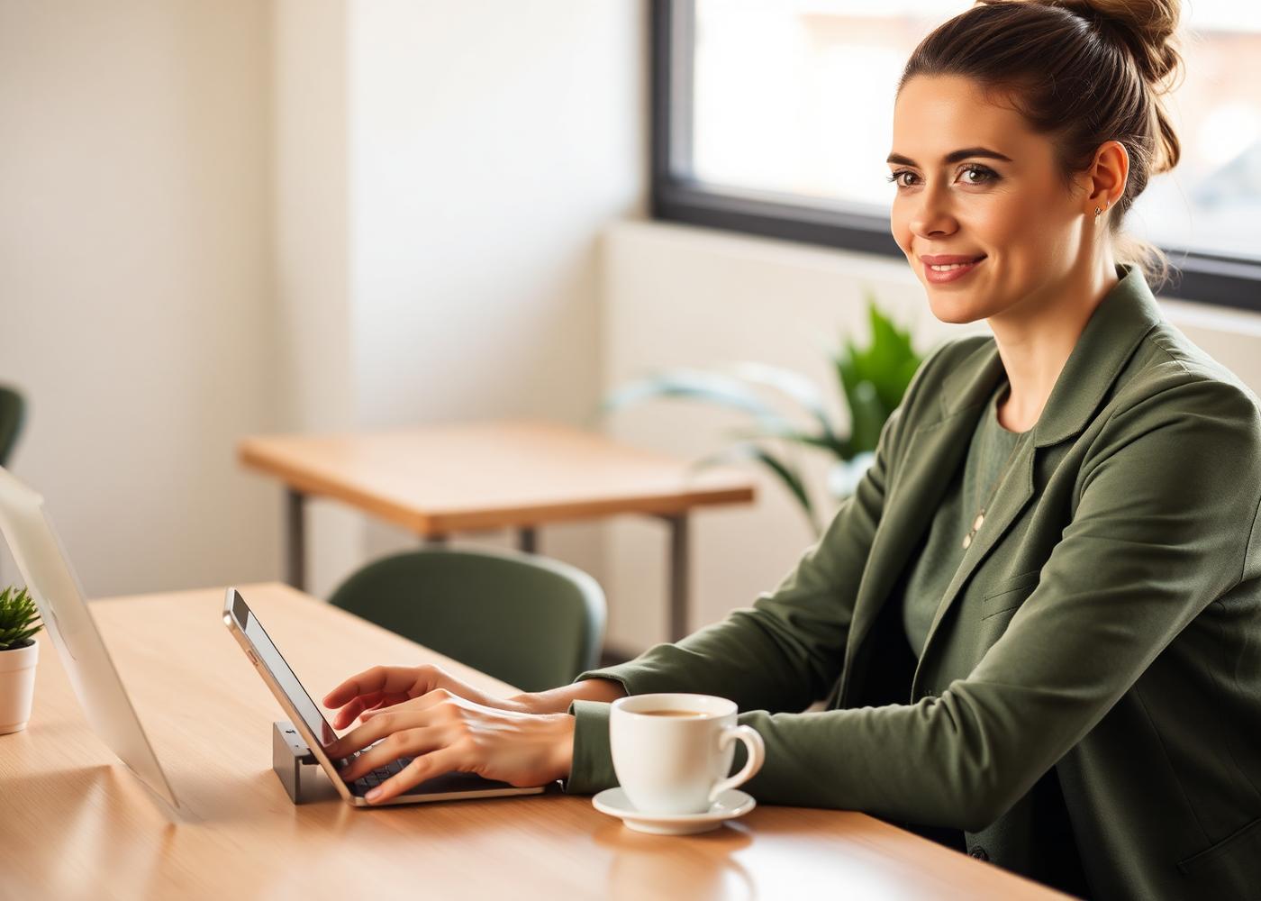A freelancer working at a co-working desk with a coffee and laptop