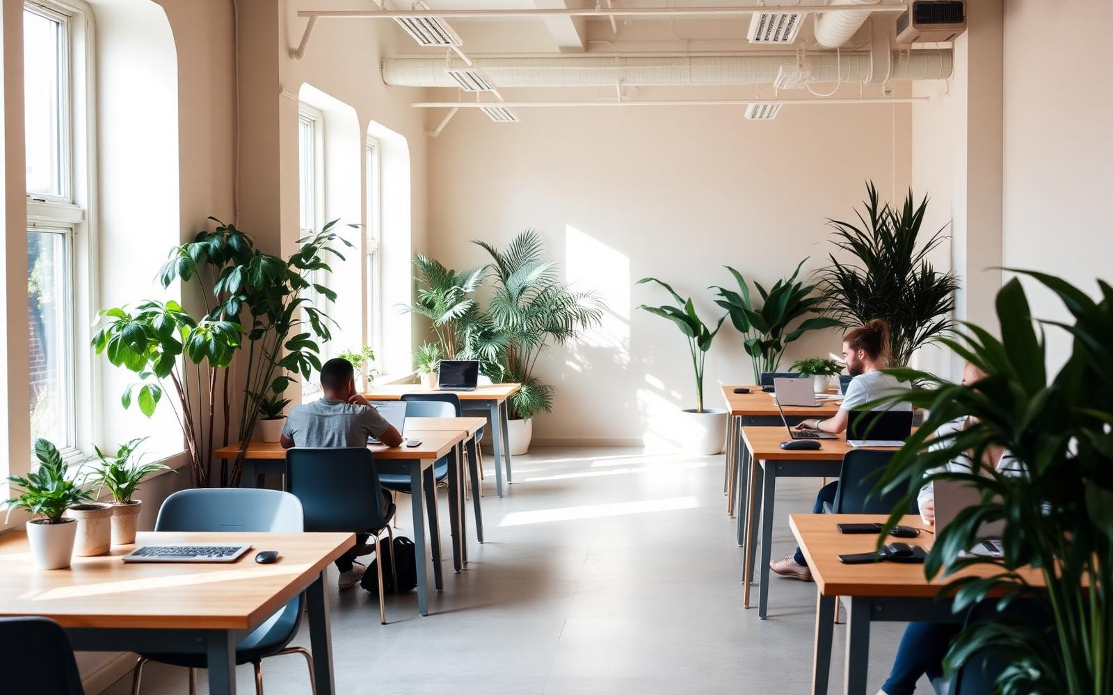 Bright, plant-filled co-working space with members working calmly