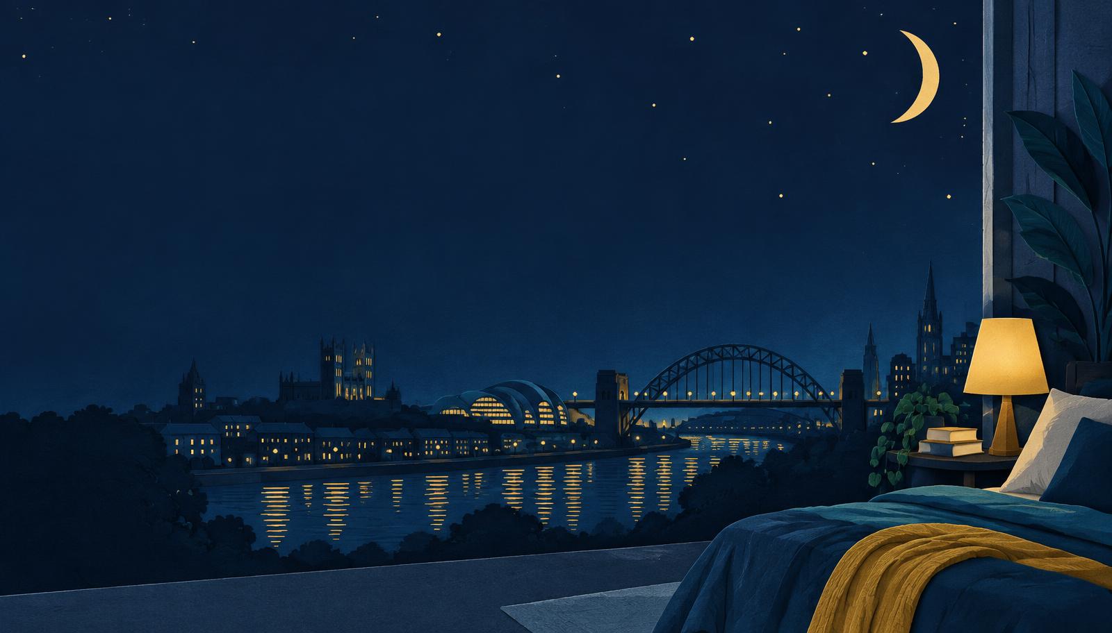 A calm Newcastle night viewed from a sleep-ready room