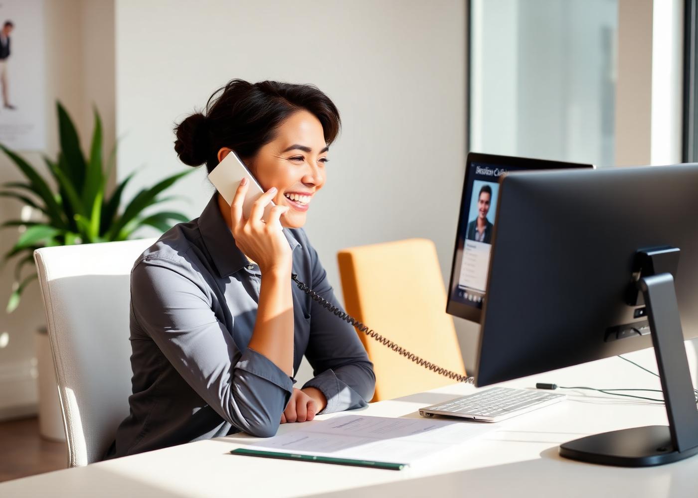 A recruitment consultant smiling during a candidate call at a bright desk