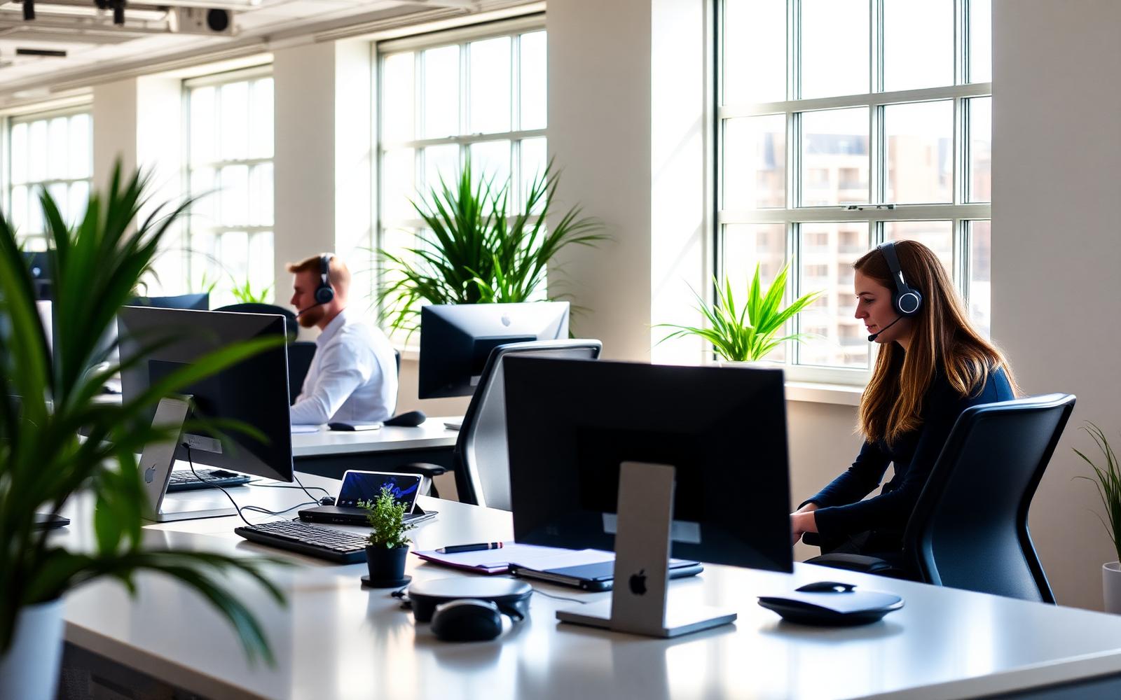 Recruitment consultants working calmly in a bright, plant-filled agency office