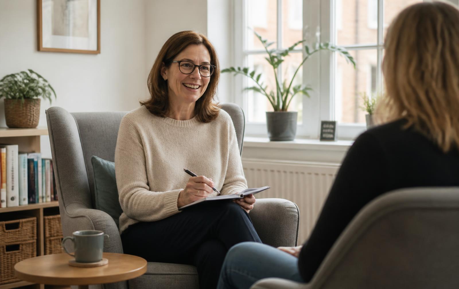 A wellbeing coach with a notebook in conversation with a client in a bright, plant-filled room